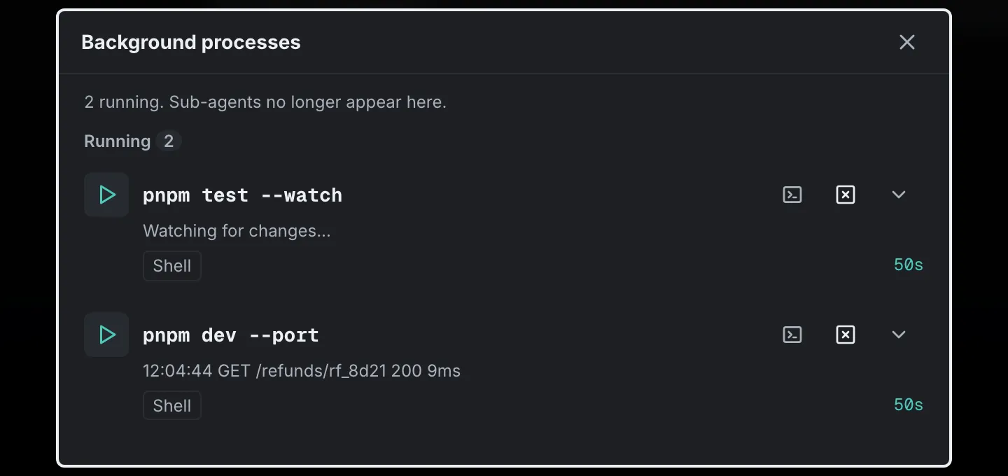 A drawer listing two background processes, a test watcher and a dev server, each with its command, its last line of output and how long it has run.