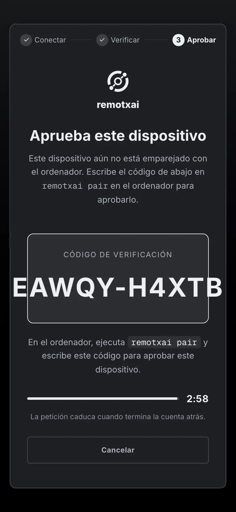 Aprobar este dispositivo, con un código de verificación y una cuenta atrás.