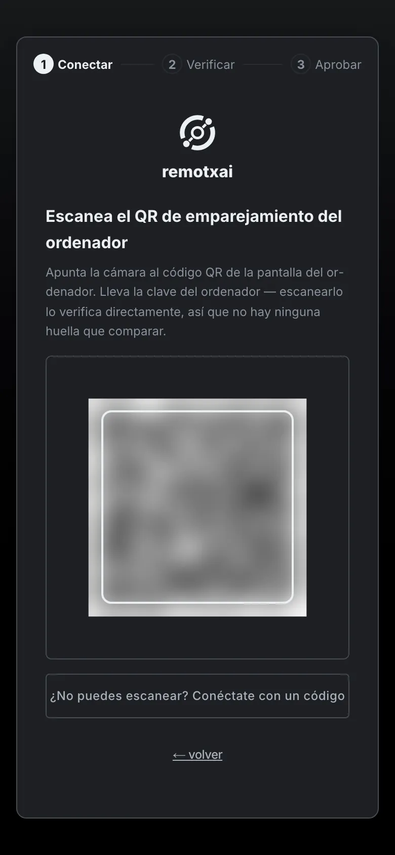 Una vista de cámara escaneando el QR de emparejamiento del ordenador.