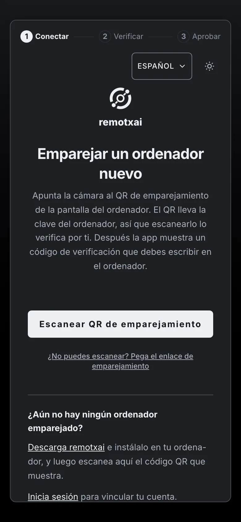 Emparejar un ordenador nuevo, con un botón para escanear el QR de emparejamiento y un enlace para pegar el enlace.