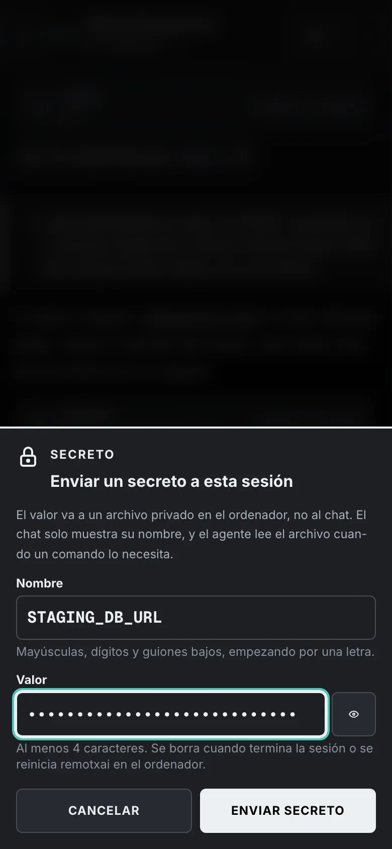 Una hoja titulada Enviar un secreto a esta sesión, con un campo de nombre que contiene STAGING_DB_URL, un campo de valor oculto y los botones Cancelar y Enviar secreto.