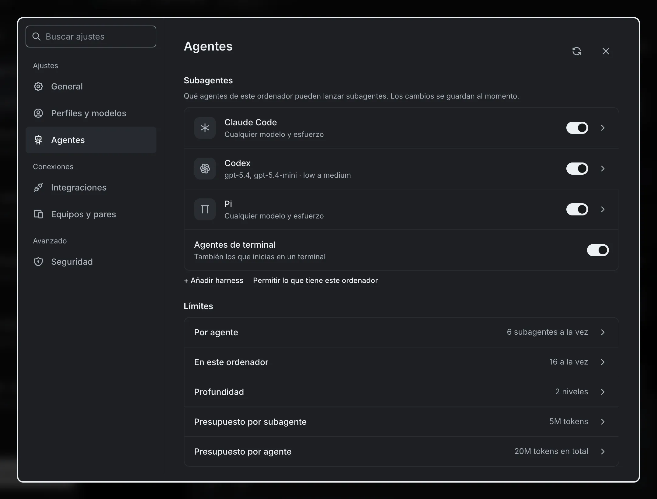 La página Agentes de los ajustes: una lista de agentes que pueden lanzar subagentes, cada uno con su interruptor y sus modelos permitidos, y una lista de límites con subagentes por agente, profundidad y presupuestos de tokens.