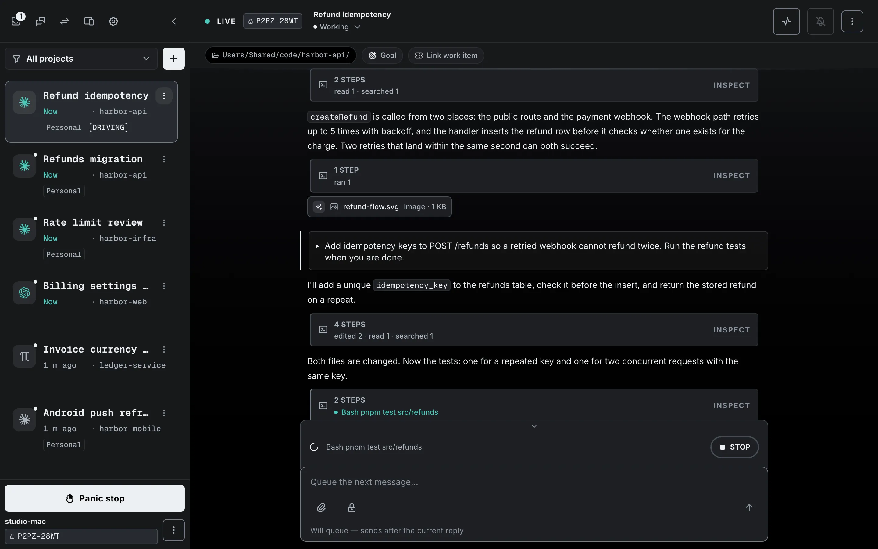 The remotxai app on a desktop: a sidebar with six sessions, and an open session where an agent has edited a handler and a migration and is now running the refund tests, with a Stop button and a box to queue the next message.