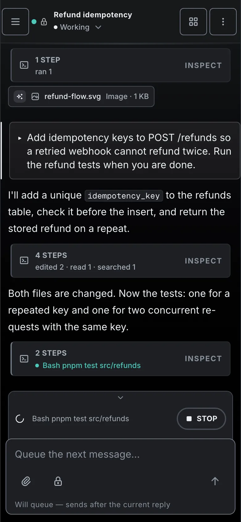 The same session on a phone, mid-turn, with its collapsed tool steps and a box to queue the next message.