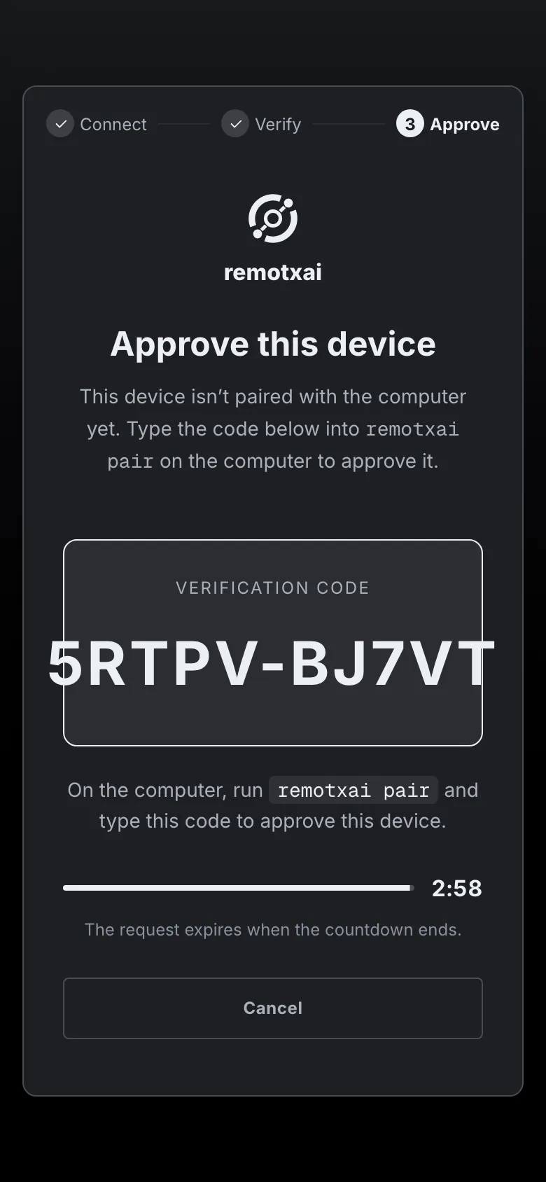 Approve this device, with a verification code and a countdown.