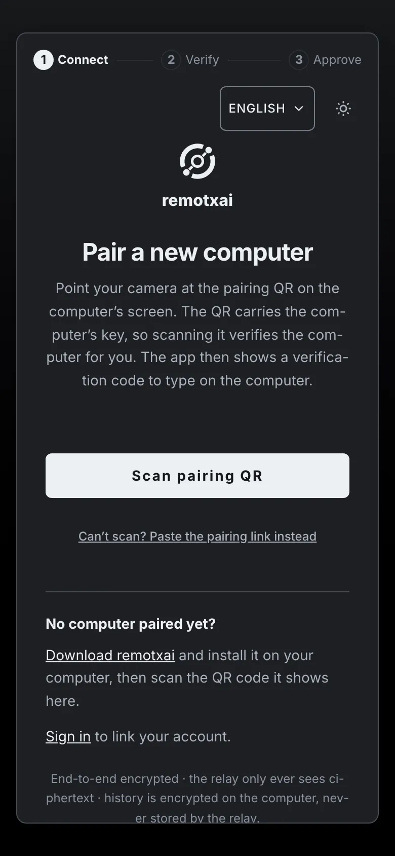Pair a new computer, with a button to scan the pairing QR and a link to paste the pairing link.