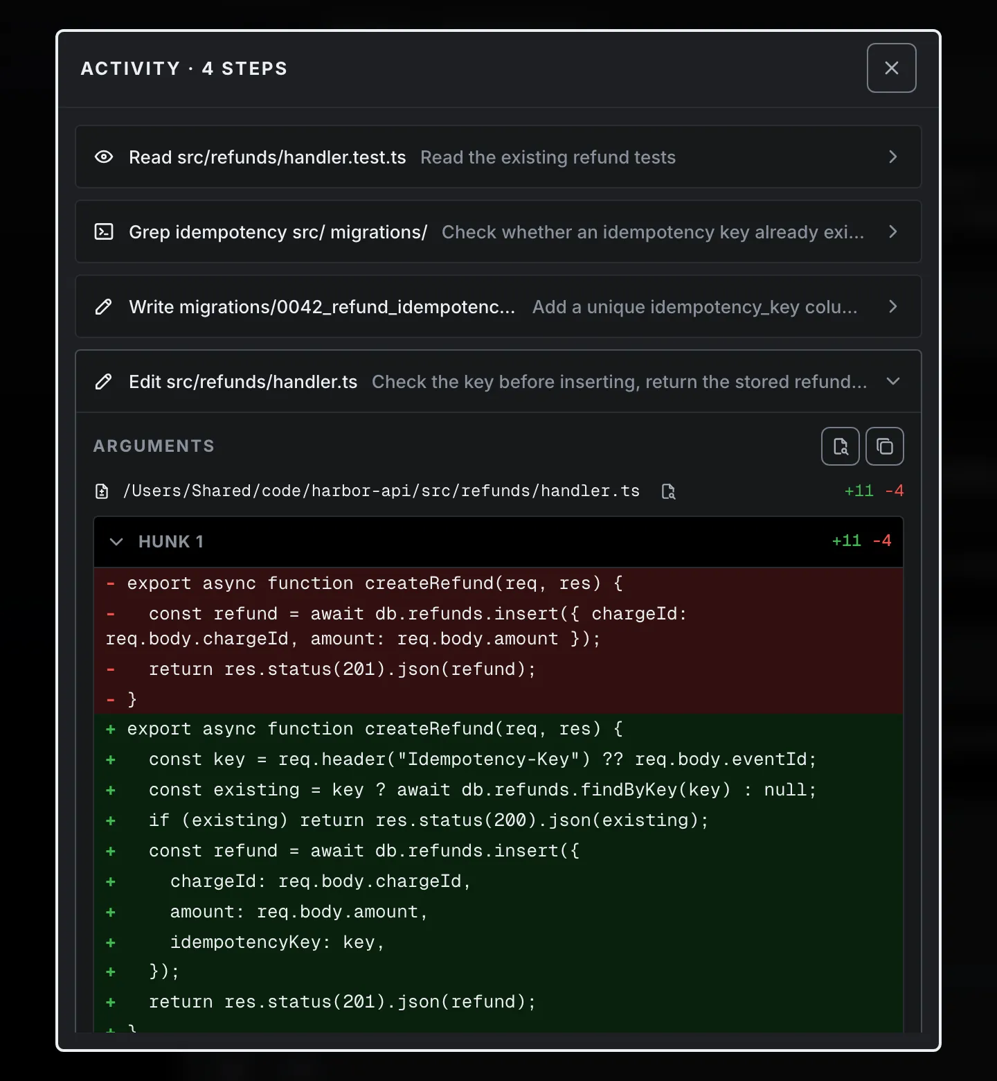 The step list of one turn: a read, a search, a new migration file and an edit to the refund handler, each with a one-line description. The edit is open and shows its diff, with removed lines in red and added lines in green.
