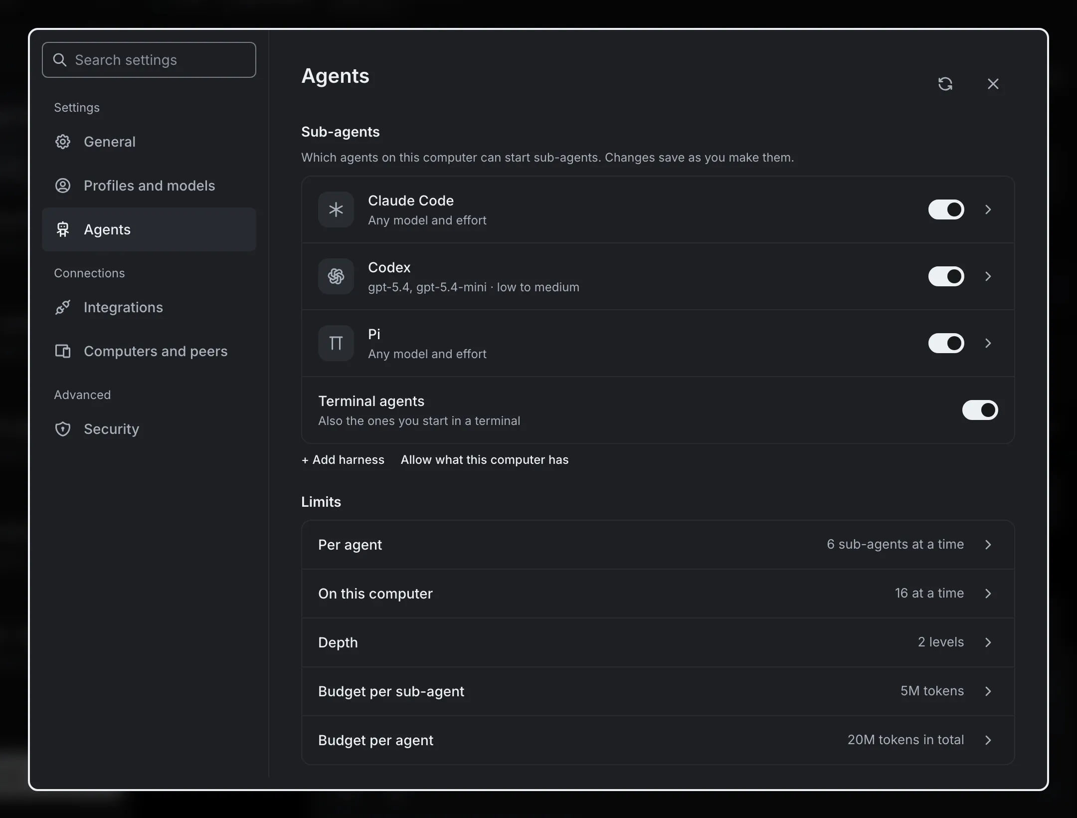 The Agents page of the settings: a list of harnesses that can start sub-agents, each with a toggle and its allowed models, and a Limits list with sub-agents per agent, depth and token budgets.