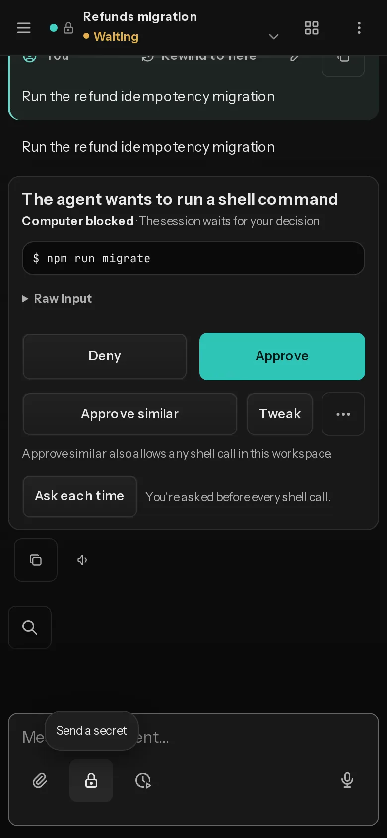 An approval card for a shell command, npm run migrate, with Deny, Approve, Approve similar and Tweak.
