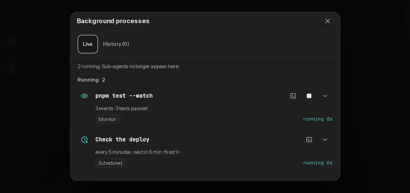 Two background processes: a test watcher, pnpm test --watch, and a deploy check that repeats every 5 minutes.