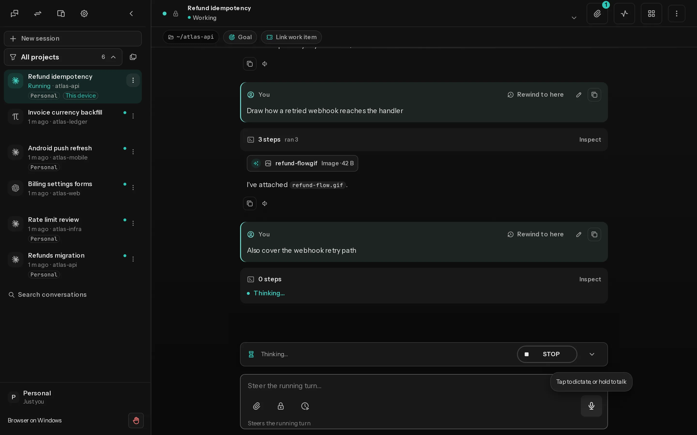 remotxai in a desktop browser: six sessions in the sidebar and one open, with an attached image and a Stop button.