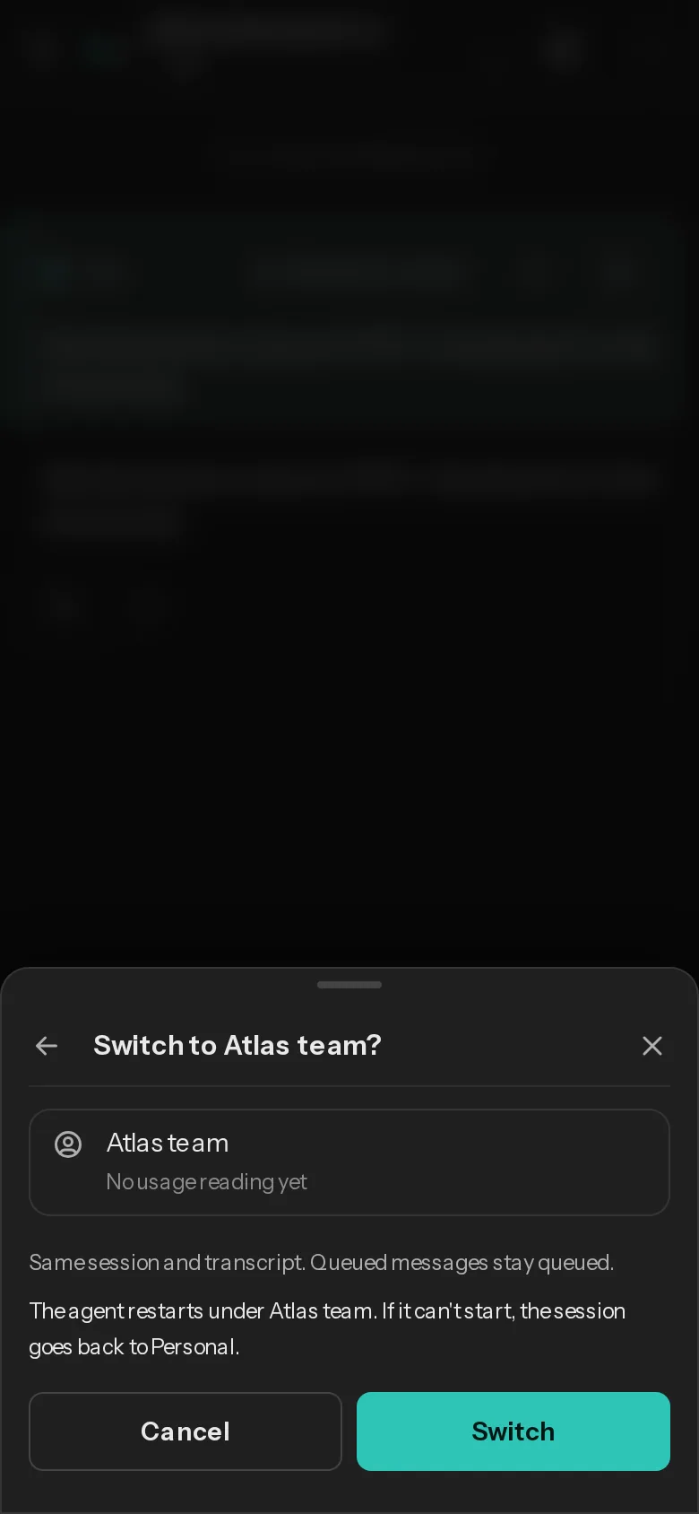 A sheet titled Switch to Atlas team? with the buttons Cancel and Switch.