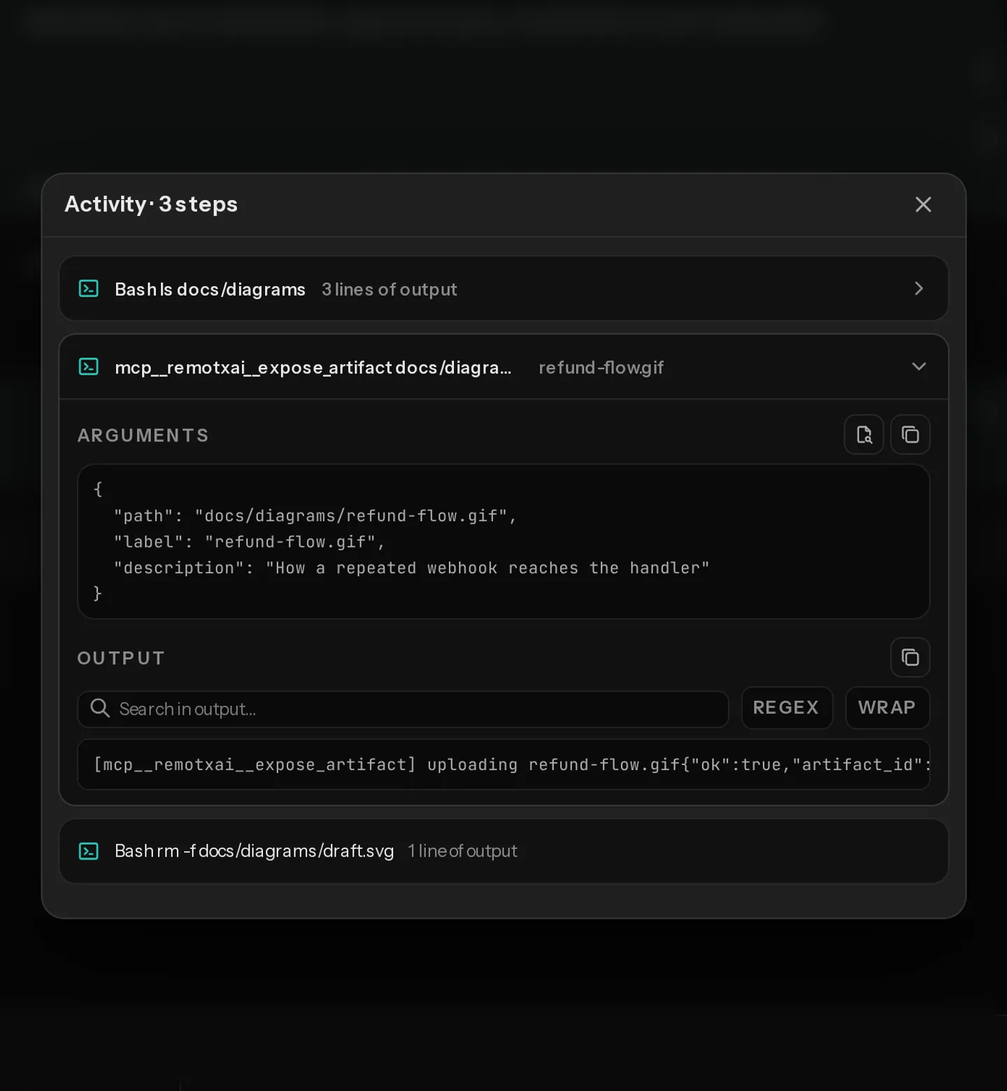 Three steps from one turn, with one open to show an attached image, refund-flow.gif.