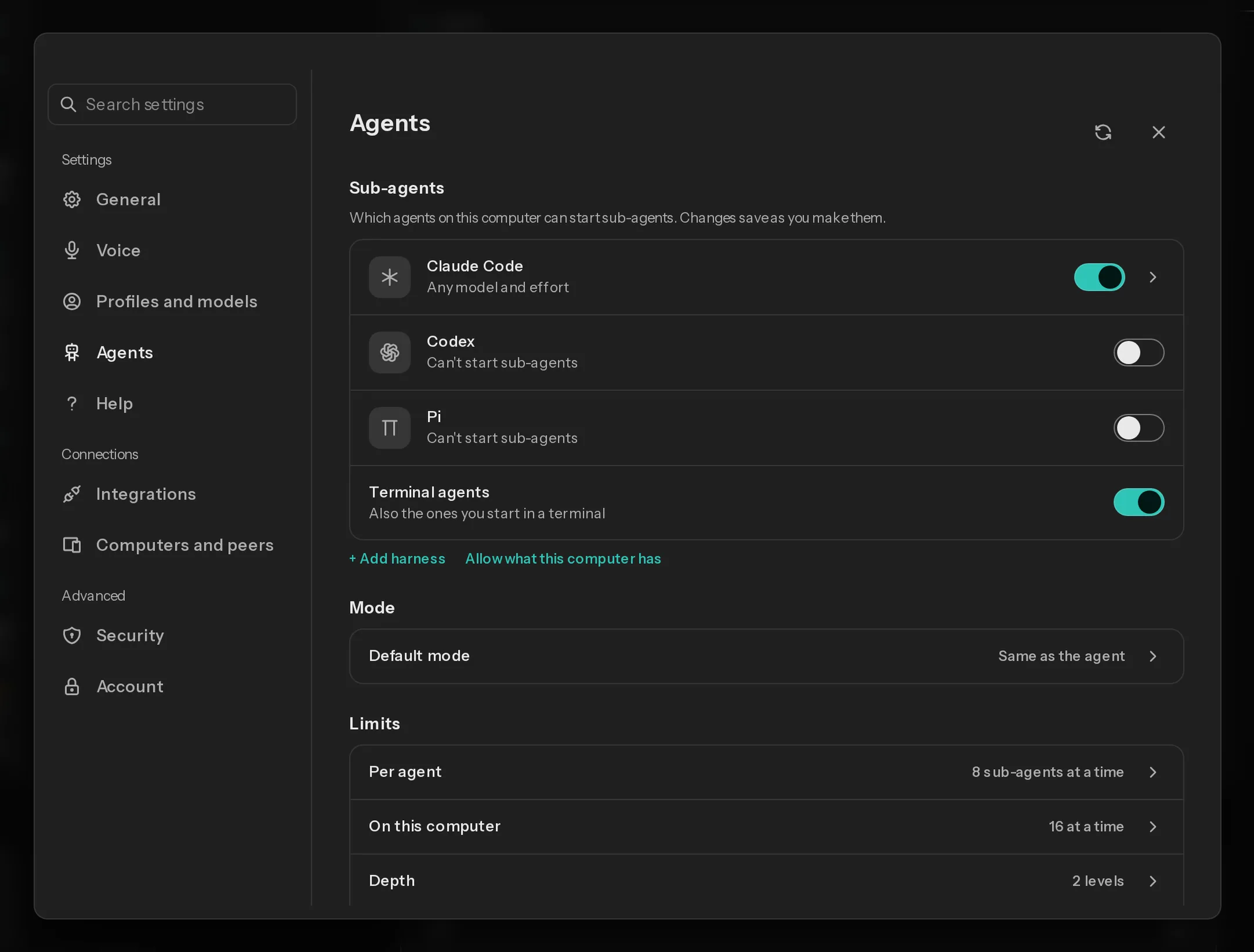 Agent settings: switches for Claude Code, Codex, Pi and terminal agents, a default mode, and limits on how many sub-agents run and how deep they go.