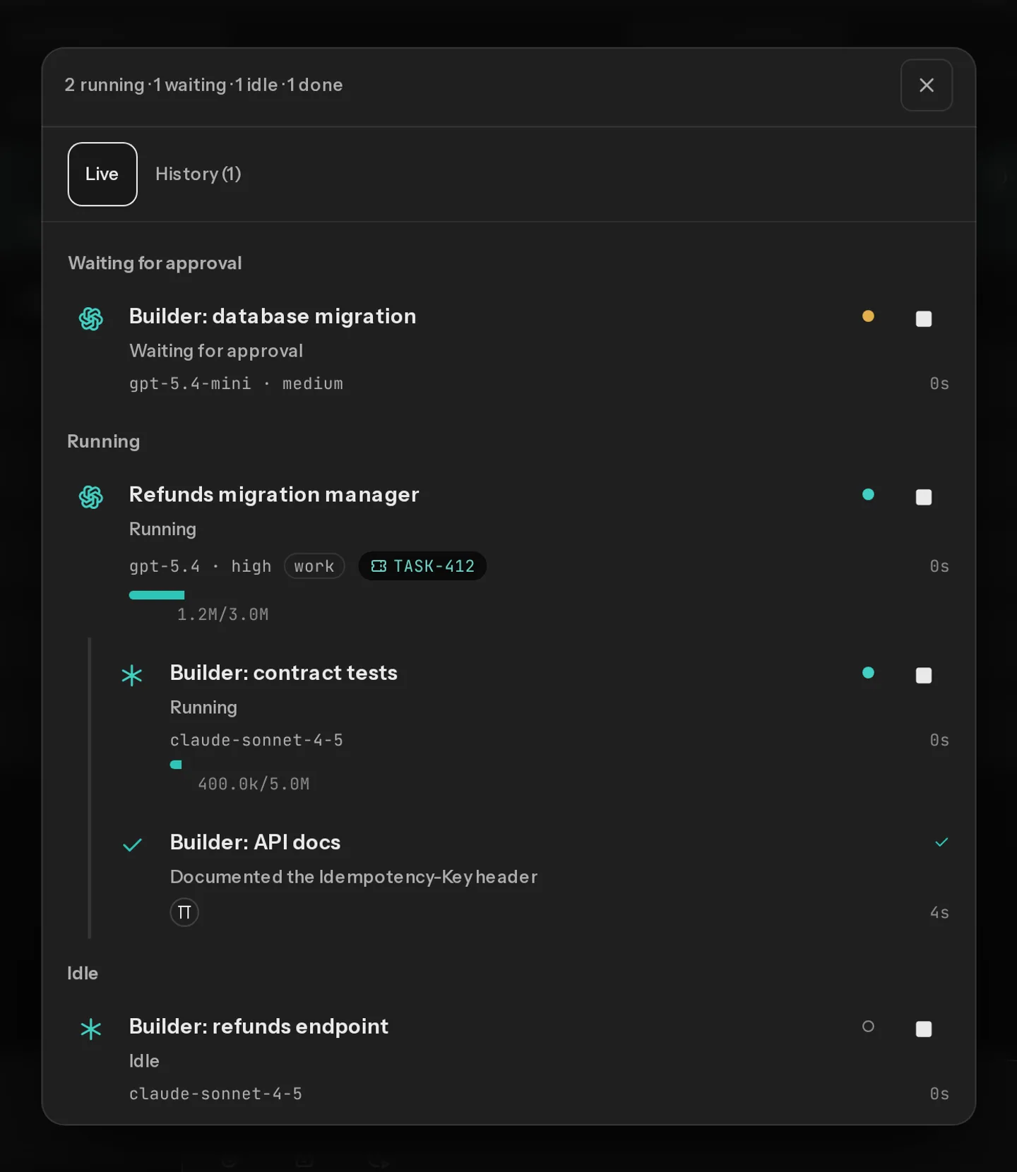 Five sub-agents: two running, one waiting for approval, one idle and one done.